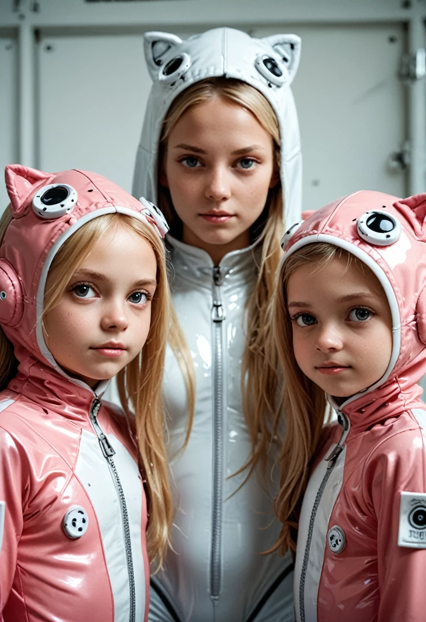 3 GIRLS BLONDE LONG HAIR CHILDREN IN bathsuit, A close up, DECIBEL
