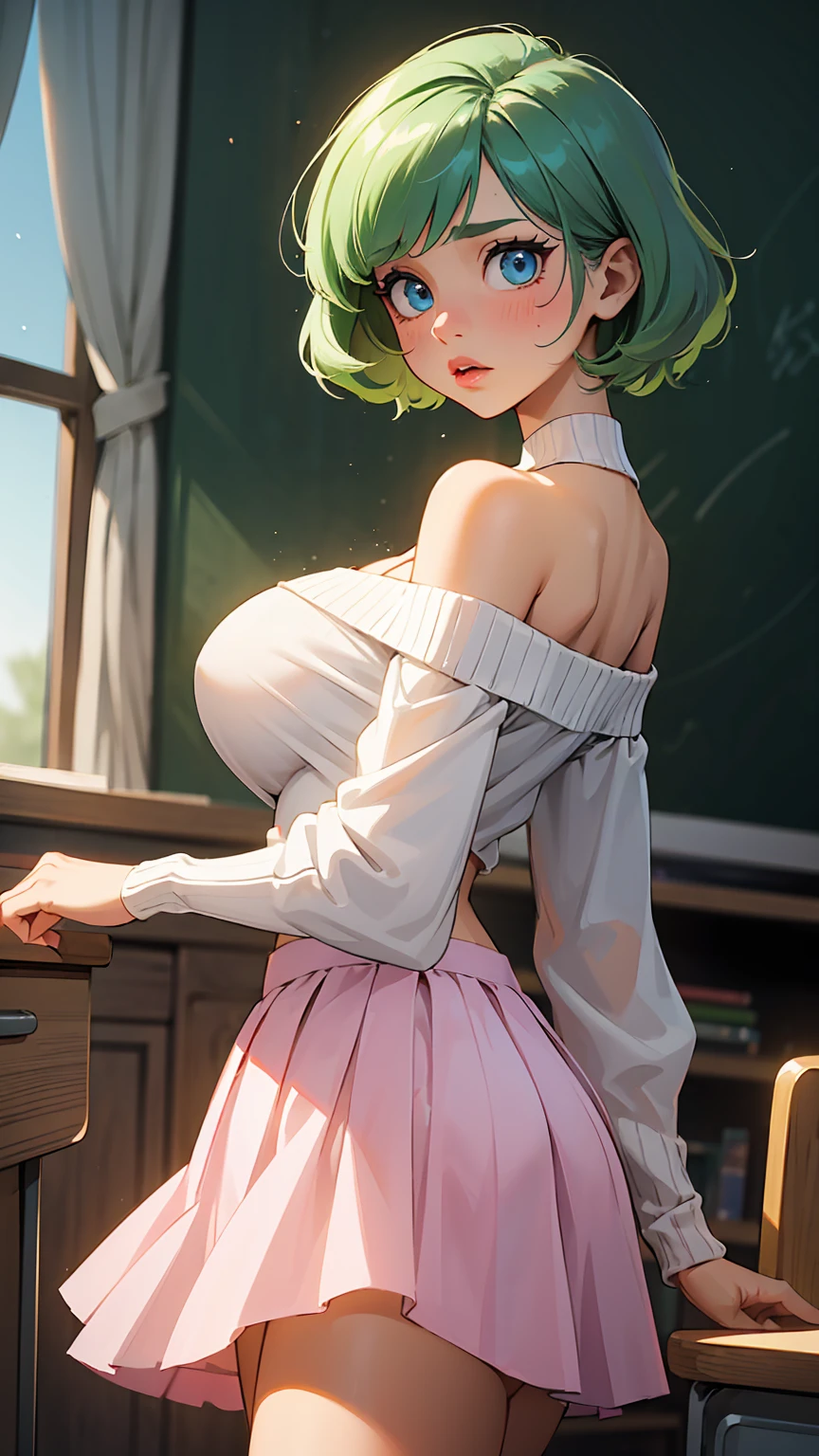 ((masterpiece, best quality;1.3)), ultra detailed, 8k unity wallpapers, CG, ray tracing, illustration, colorful, cinematic shadow, extremely detailed and beautiful background,vhd, shadering VRay,RT, 1milf,exquisite gyaru style,short green hair, blue eyes,blush,pink lips , (huge sagging breasts:1.1), big ass, curvy body, (micro White Sweater off shoulders with wide open chest:1.2), (micro skirt:1.3) , white knee socks ,(classroom),provocative and mature demeanor ,looking at the viewer, facing the viewer , standing,glowing, glowing light, ultra detailed, scenic, atmospheric , big areola,, topless, upper body naked, breast expansion, big breast:1.5,droopy breasts:1.4