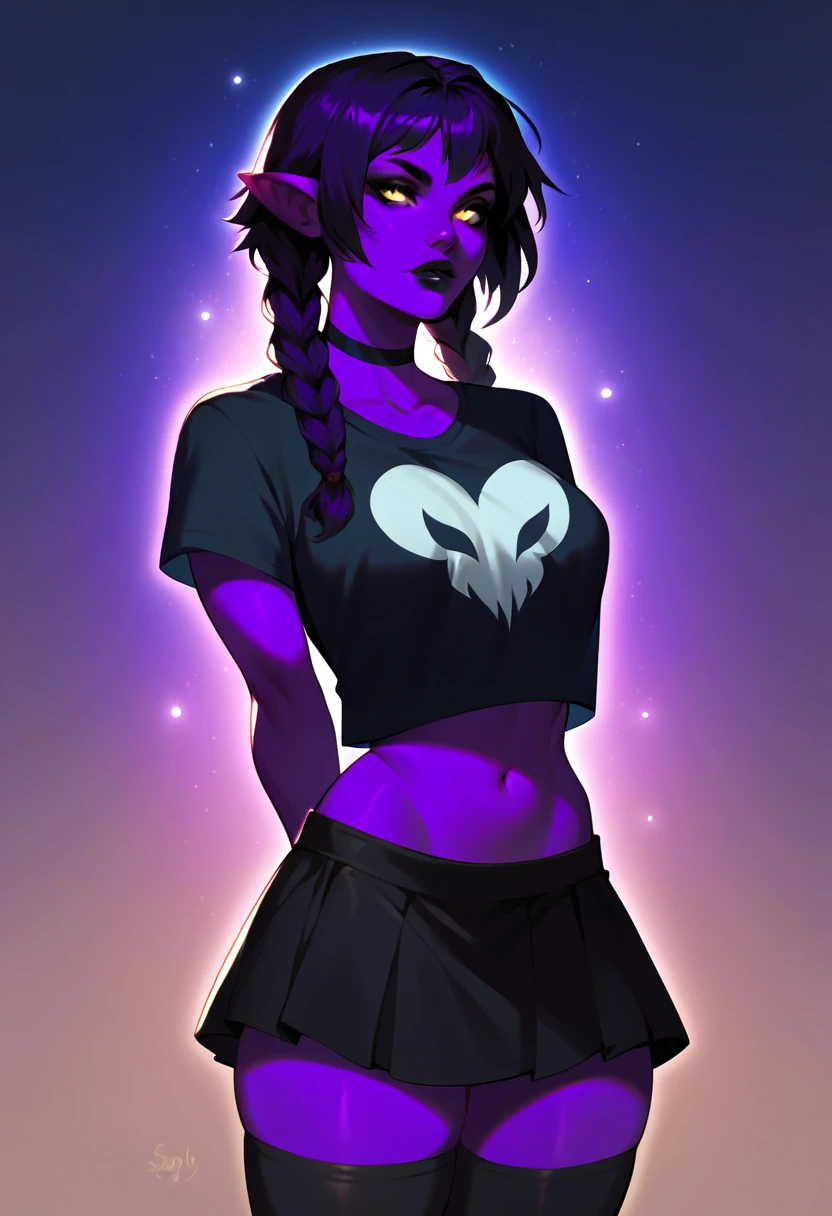 score_9, score_8_up, score_7_up 1girl, solo, shyvana, purple skin, twin braids, monster girl, midriff, t-shirt, gothic, black choker, skirt, night sky, black lips, thighhighs, glowing, arms behind back, looking to the side,