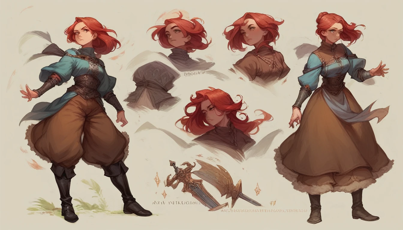 Concept art, girl, red hair, MEDIEVAL CLOTHES, brown pants, black boots, full body pose