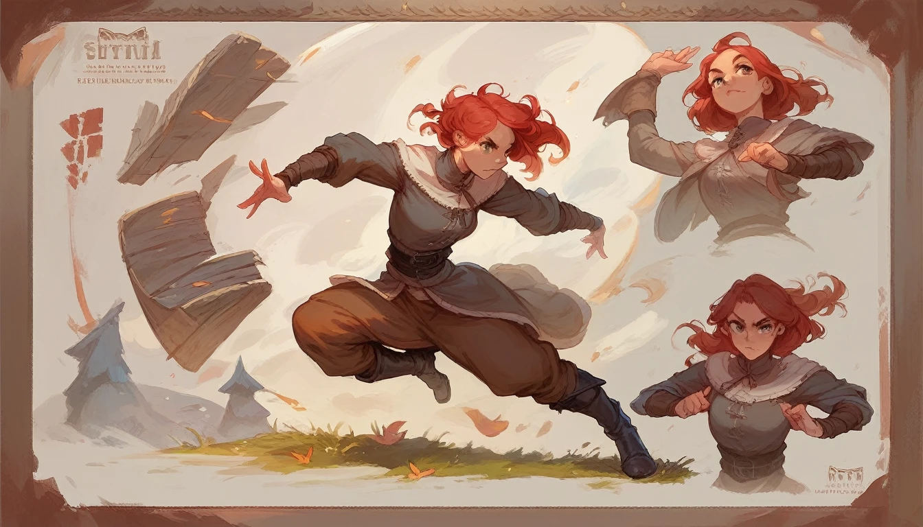 Concept art, girl, red hair, MEDIEVAL CLOTHES, brown pants, black boots, full body pose