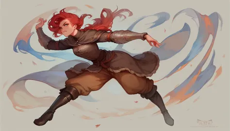 concept art, girl, red hair, medieval clothes, brown pants, black boots, full body pose