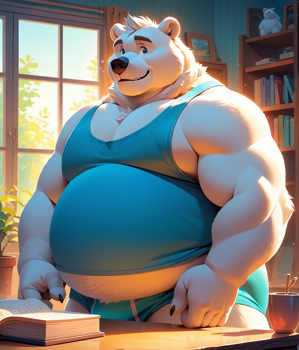 (cute, fat, obese, anthro, male, polar bear), nude, (((cropped cyan tank top, cyan briefs))), room, window, book shelf, table, sunlight, ambient lighting, full of effects, centered, dynamic, highly detailed, intricate details, detailxl 
