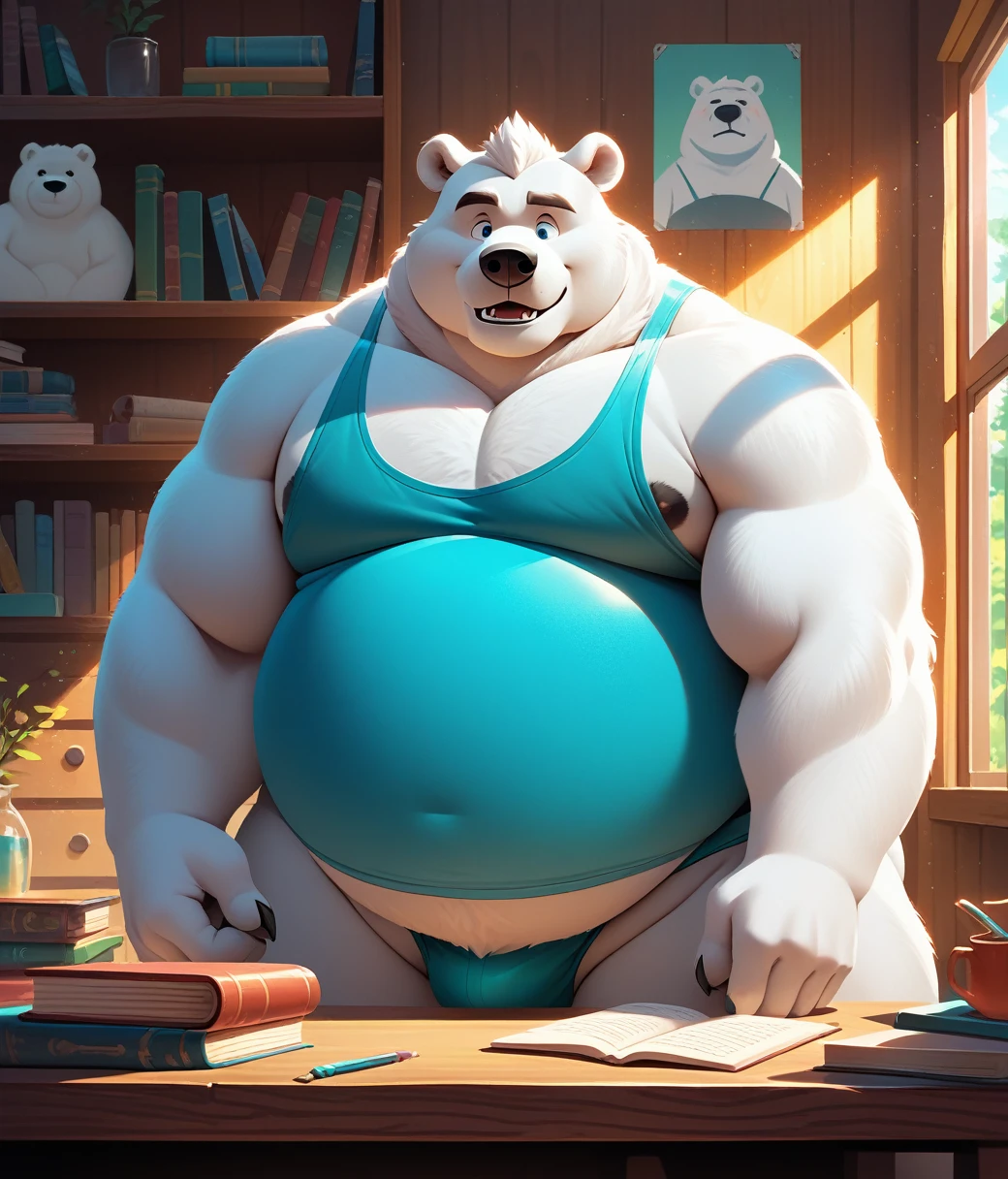 (cute, fat, obese, anthro, male, polar bear), nude, (((cropped cyan tank top, cyan briefs))), room, window, book shelf, table, sunlight, ambient lighting, full of effects, centered, dynamic, highly detailed, intricate details, detailxl 
