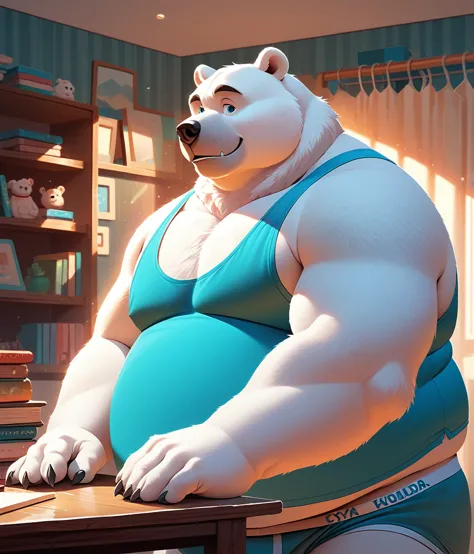 (cute, fat, obese, anthro, male, polar bear), nude, (((cropped cyan tank top, cyan briefs))), room, window, book shelf, table, s...