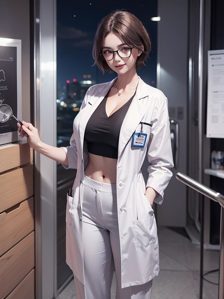 tomboy, solo, (very short hair, pixie cut, brown hair), circle-glasses, cute girl, perfect female body, big breasts, cleavage, toned stomach, beautiful limbs, doctor_uniform, labcoat, stethoscope, doctor,scrub top,scrub trousers, She is posing as a model with her hands on her hips, hospital, night, big smile, UHD, masterpiece, anatomically correct, textured skin, high details, high quality,