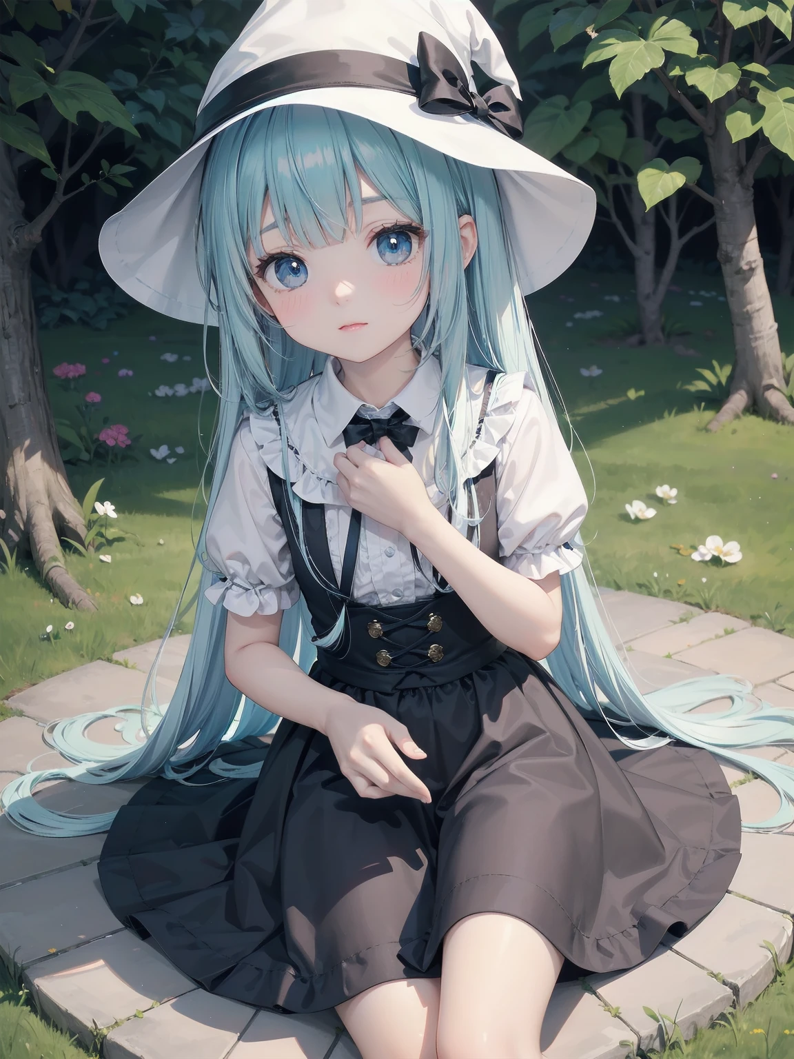 🎶, (🧙‍♀️), ✡, ✨(black hat), , Alice in Wonderland, Alone, very beautiful, cute, adorable, embarrassed, alone, blue eyes, white skin、look at viewer、looking up,kawaiitech, pastel colors, kawaii, cute colors,Alice in Wonderland, alone, very beautiful, cute, adorable, embarrassed, alone, blue eyes, white skin,skirtlift