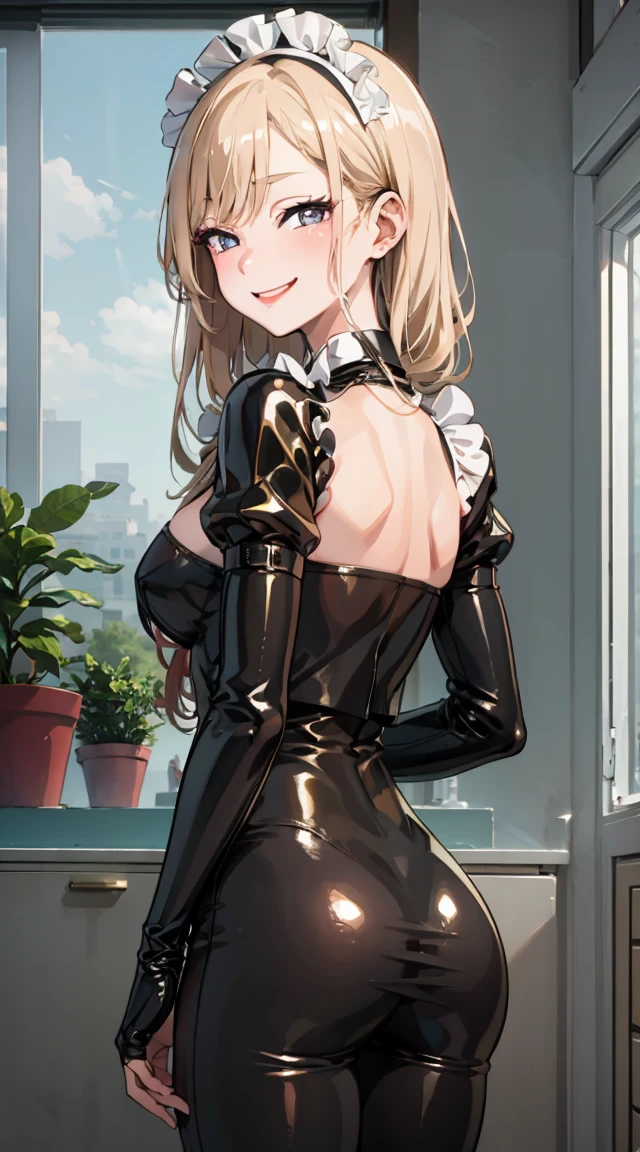 Marin Kitagawa,Maid, latex clothes, A beautiful smile, teasing,smug,((back)),