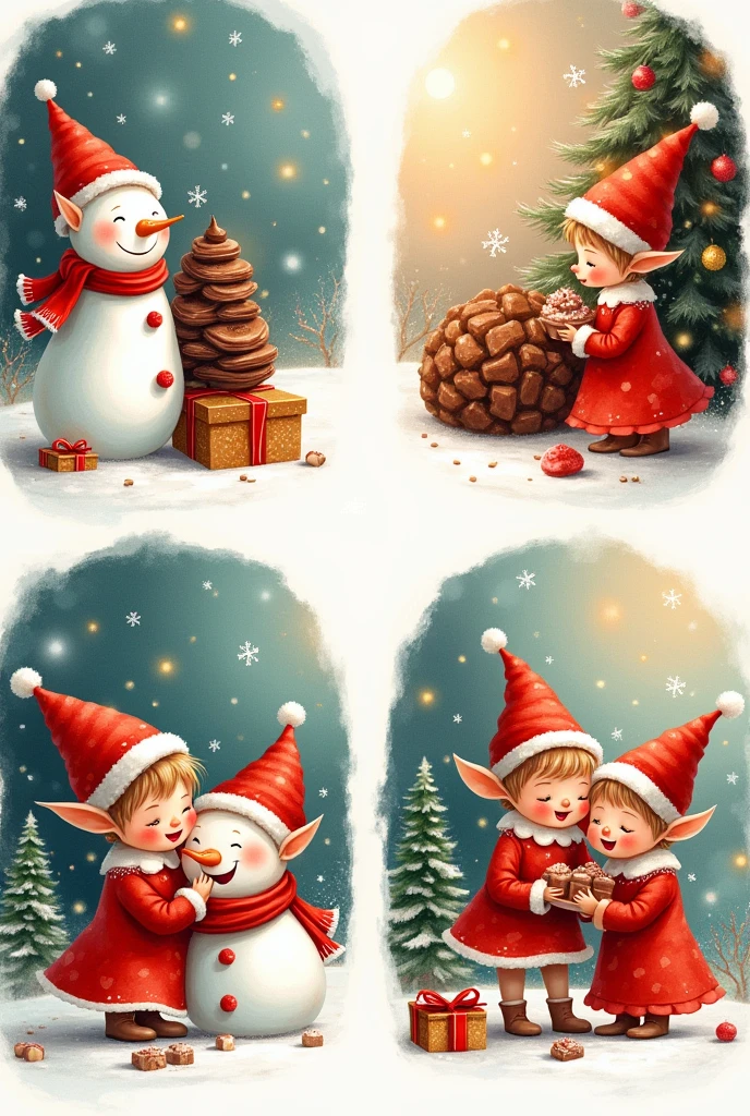 Collection with 4 drawings about Christmas, with chocolates and lots of love