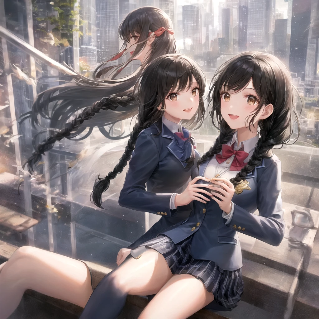 Highest quality, (masterpiece:1.2), Very detailed, Two girls are sitting around the audience, Glossy lips that make you want to kiss them, nice smile, Brown eyes, (((Black Hair))), 15 years old, Long braids, big shiny hair clip, school uniform, Dark blue and navy checkered skirt, Mid-length skirt, White shirt, A gorgeous navy blazer with a gold emblem on the left chest., Big red ribbon on chest, lipstick、Very shiny hair、Laughter、Bright expression、光がIの顔と髪を輝かせます, Drooping eye corners, Cute braids, I&#39;m so happy I can jump up, The expression of a maiden in love, (((Twin braids))), The skirt is made of a beautiful deep blue check pattern.., Staring with an embarrassed expression, double eyelid, ((Long eyelashes)), ((The knees are covered by the skirt)), Shy and timid girl