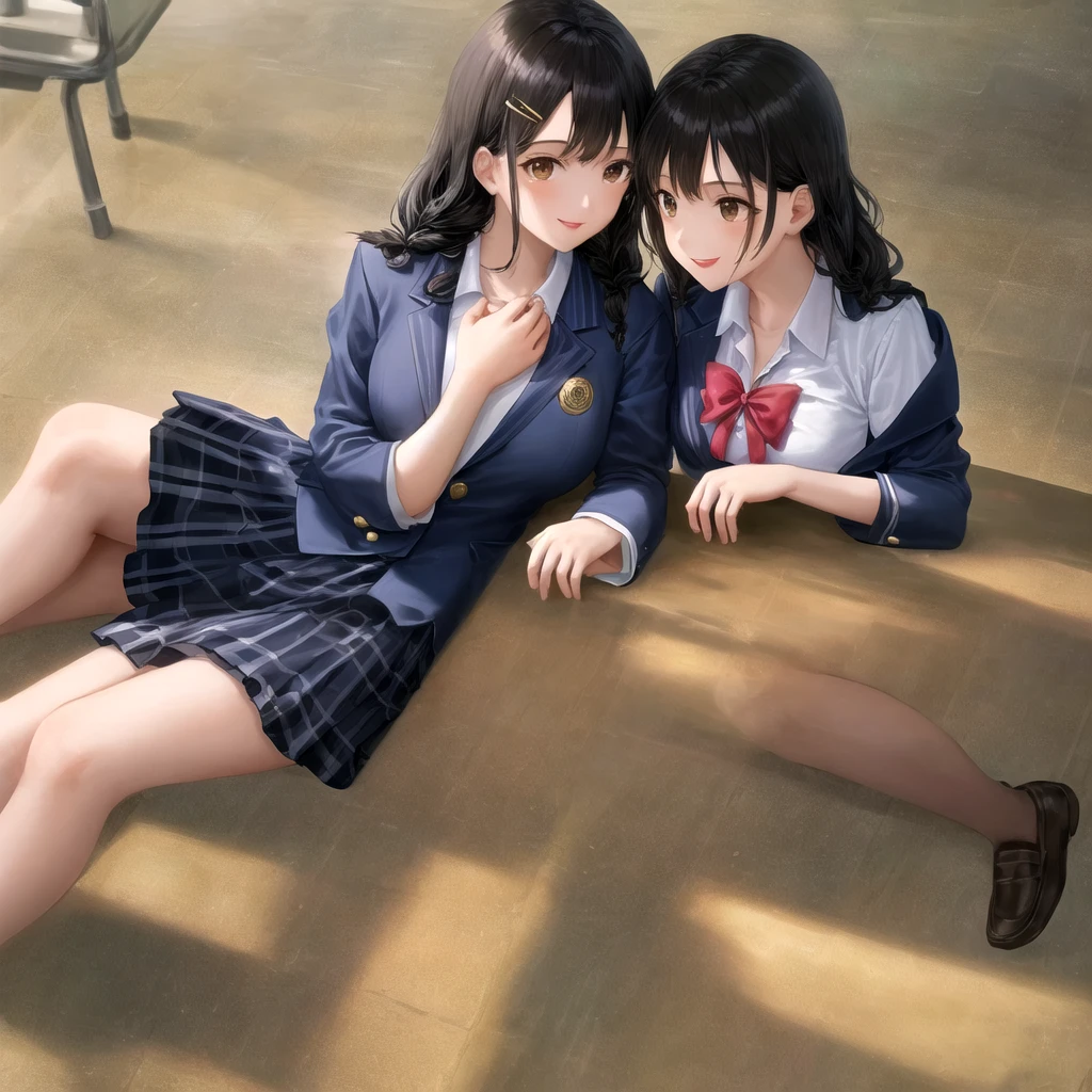 Highest quality, (masterpiece:1.2), Very detailed, Two girls are sitting around the audience, Glossy lips that make you want to kiss them, nice smile, Brown eyes, (((Black Hair))), 15 years old, Long braids, big shiny hair clip, school uniform, Dark blue and navy checkered skirt, Mid-length skirt, White shirt, A gorgeous navy blazer with a gold emblem on the left chest., Big red ribbon on chest, lipstick、Very shiny hair、Laughter、Bright expression、光がIの顔と髪を輝かせます, Drooping eye corners, Cute braids, I&#39;m so happy I can jump up, The expression of a maiden in love, (((Twin braids))), The skirt is made of a beautiful deep blue check pattern.., Staring with an embarrassed expression, double eyelid, ((Long eyelashes)), ((The knees are covered by the skirt)), Shy and timid girl