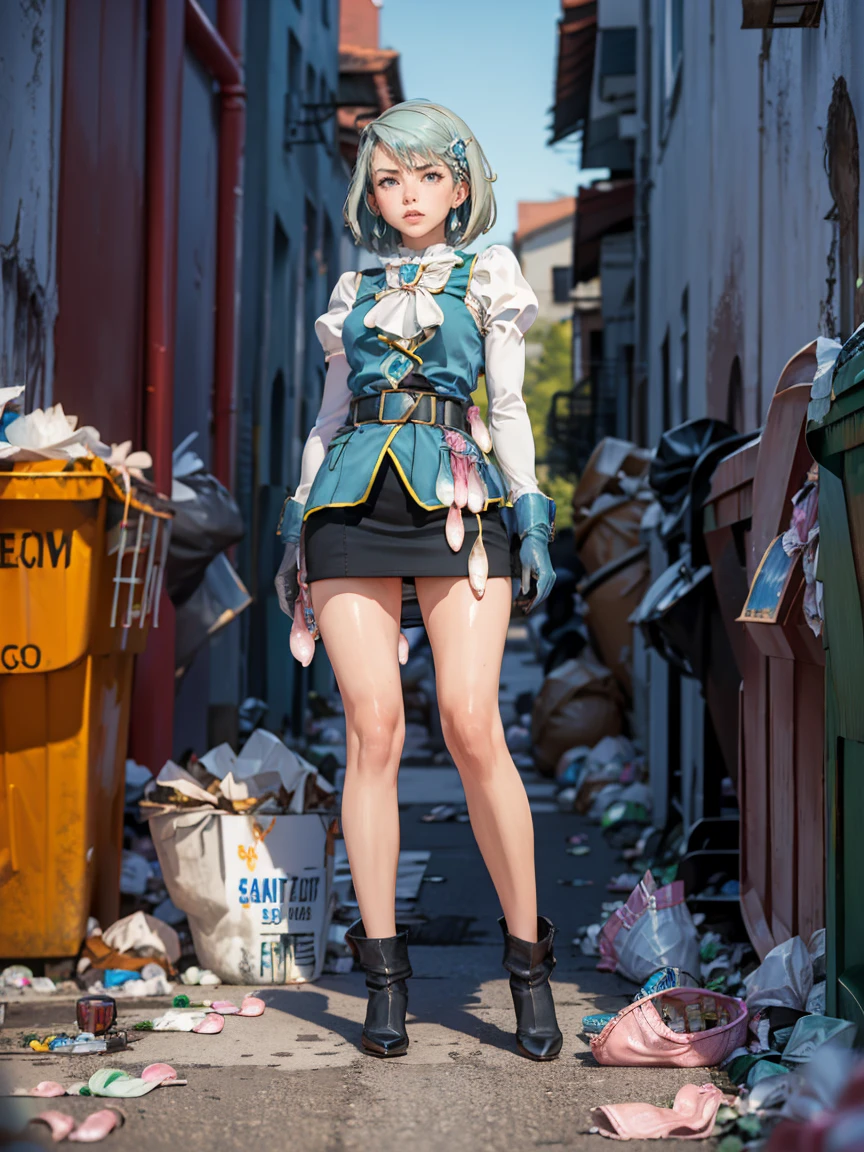 8k, ray tracing, vibrant colors, (1girl, solo), (aafranziska, light blue hair:1.5), black ascot, puffy sleeves, black pencil skirt, pantyhose, black gloves, jewelry, earrings, slim figure, masterpiece, sharp focus, Best Quality, depth of field, cinematic lighting, very detailed clothes, (used condoms, condom belt, used condom belt, condom hair ornament:1.6), abs, ((so embarrassed, blush)), elbow gloves, Perfect eyes, perfect hair, (standing in alleyway, garbage, dumpster, dump:1.4), Rich in details and textures, masterpiece, Best Quality, beautiful girl, Sun light, chiaroscuro, (perfect hands:0.7, Clean hands:0.7), ((((Professional photography)))), ((Dream)), Whole body