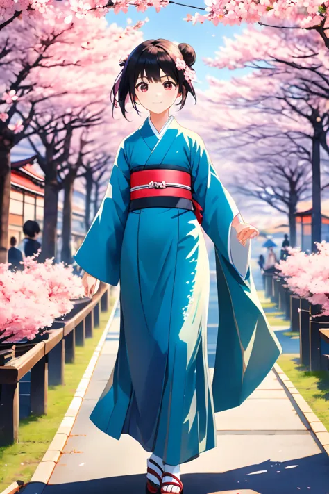 ((masterpiece,highest quality)),two girls, black kimono, black legwear, 黒いribbon, black hair, cherry blossoms, day, flower, hair...