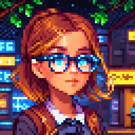 girl with glasses, blue neon sign, nighttime, tree in background, tilting head to side, pixel art, x, pixarfk,