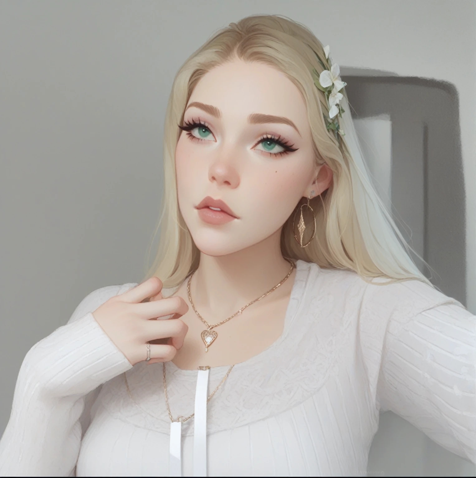 Blonde girl with green eyes holding necklace with her hand 