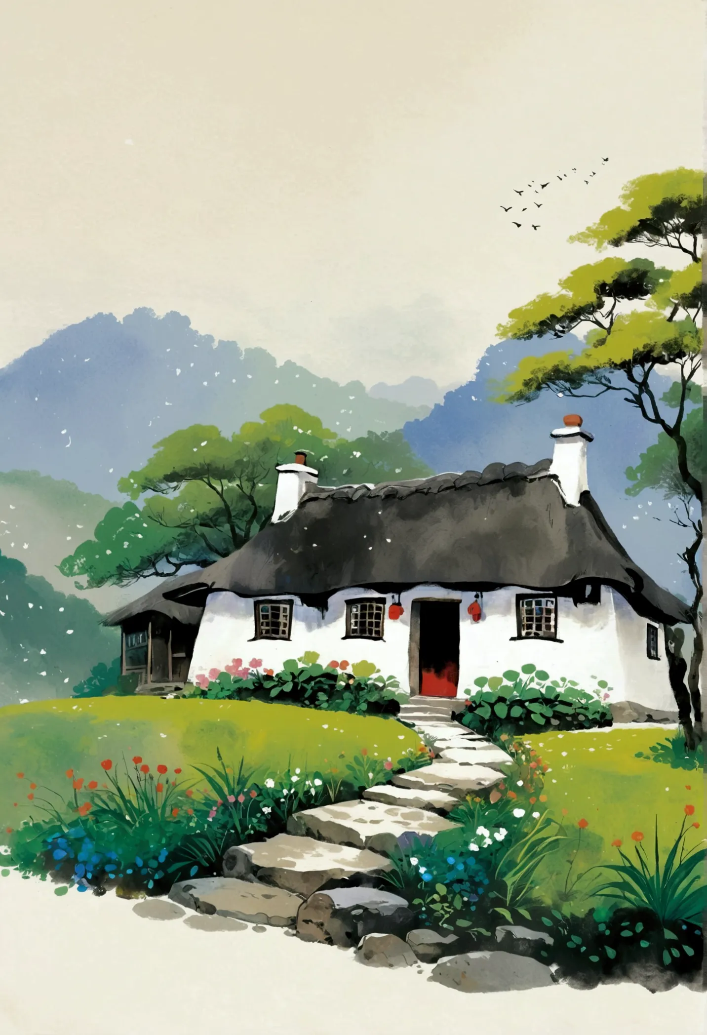 sky占比2/3.chinese ink painting sketch：peaceful and freehand，artistic conception:2.dot，a thatched cottage on a winding path，minima...