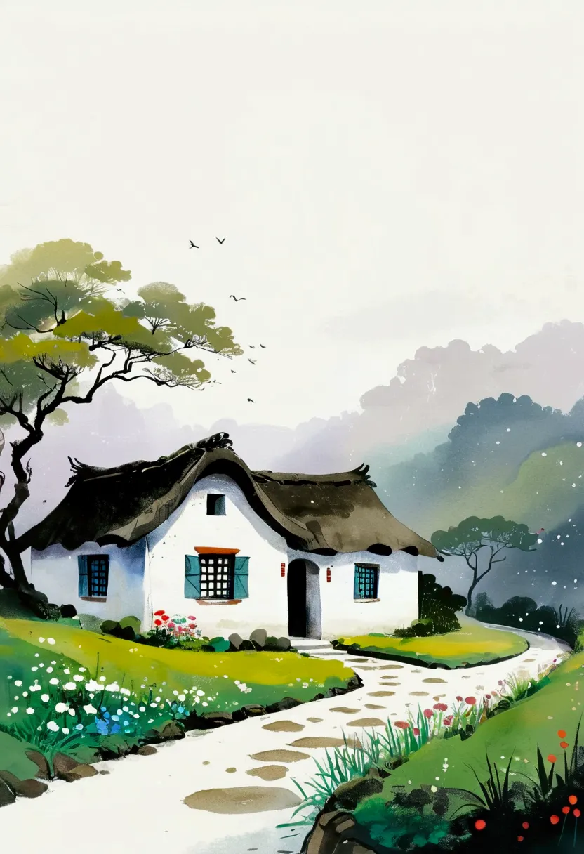 sky占比2/3.chinese ink painting sketch：peaceful and freehand，artistic conception:2.dot，a thatched cottage on a winding path，minima...