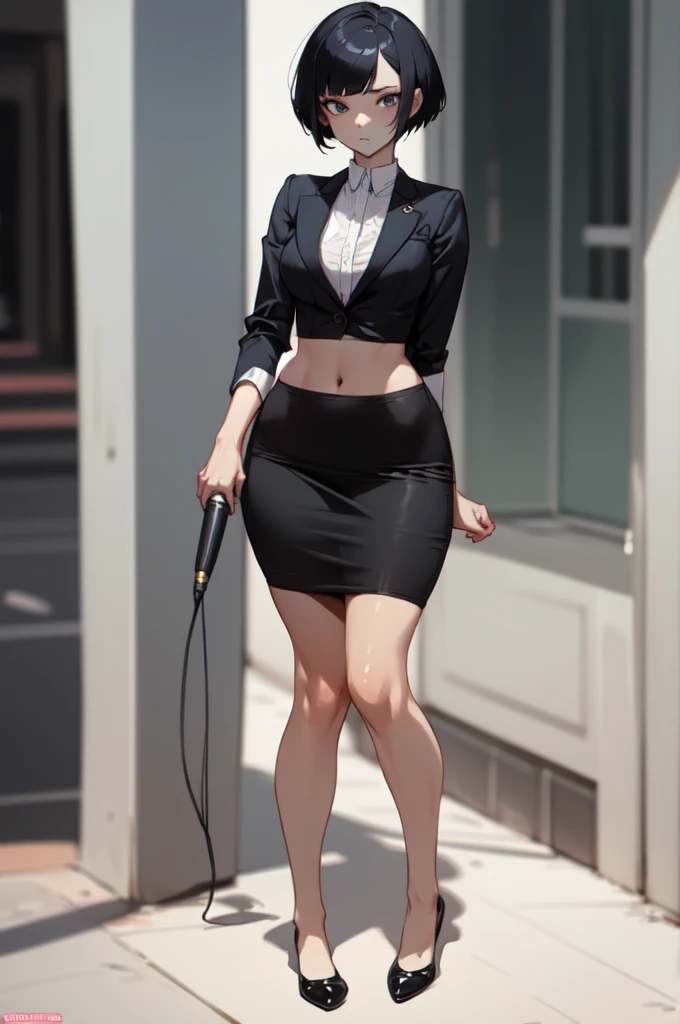 beautiful, (masterpiece), best quality, (extremely detailed face), extremely detailed eyes,  perfect lighting, OverallDetail, detailed, 1lady, solo, mature female, (black short hair), bangs, (suit), tight black blazer, (tight pencil_skirt), serious expression, pale, thick thighs, flatshoes, black footwear, wide hips, standing upright, full body shown, holding microphone, news reporter, outside in a busy street, busty, thick legs, thick thighs pressed together, asian woman, slim waist, flat stomach, hourglass bodyfigure, staring at camera, feet together 