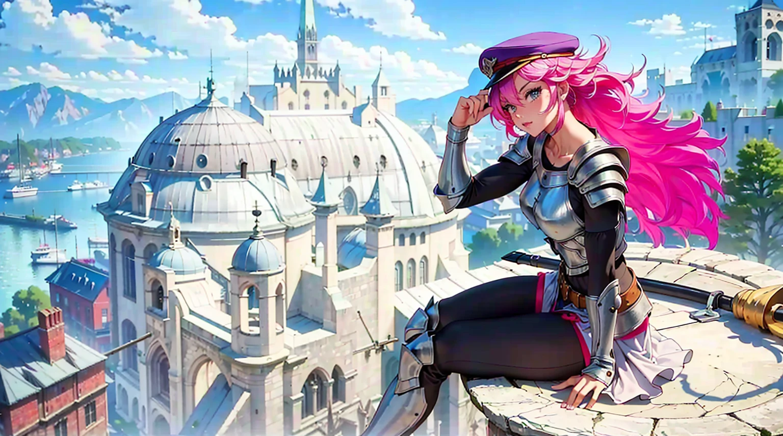 (masterpiece: 1.4), (best quality: 1.4), (nonsense: 1.4), pin-up, , Poison_long_hair_aiwaifu, Poison_long_hair_aiwaifu, spiky hair, hat, big hair, very_long_hair, pink hair, pink_hair, big_hair, ((fitness,, shapely body, athletic body, toned body)), (( warrior woman, knight woman, medieval armor, sitting on top of the tower, cathedral in the background, city in the background, sky, high place ))