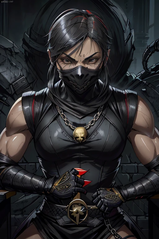 as Scorpion from Mortal Kombat, yellow and black ninja outfit, (skull-like mask), kunai on a chain, Intricate, High Detail, Sharp focus, dramatic, photorealistic painting art by greg rutkowski