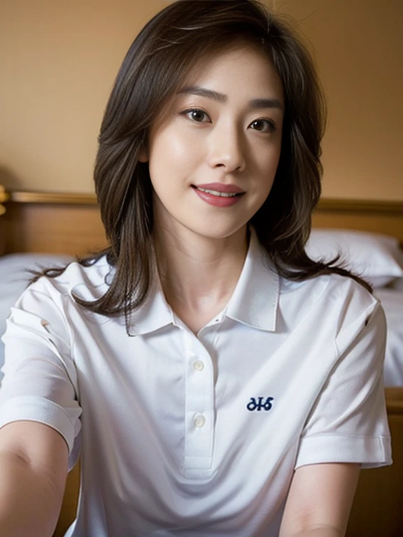 (Masterpiece, Best quality: 1.3), (Ultra realistic, Photo-realistic: 1.2), From above, From side, Sitting, Looking at viewer, Natural light, 28 years old actress, Japanese women, Neat and clean, (White sexy tennis uniform, White short-sleeve polo shirt with darknavy line collar:1.2), (unbutton:1.3), (White tennis skirt:1.2), white sock, (Ponytail: 1.2), (Beautiful face), Oval face, clear, Beautiful eyes, Kind eyes, Clear skin, Small face, Beautiful mouth, Small mouth, Natural makeup, Approachable, Seductive smile, (Seductive pose: 1.2), (Beautiful thighs: 1.2), (Bedroom eyes: 1.1), Embarrassed, Blush, Luxury hotel Suite room, On bed,