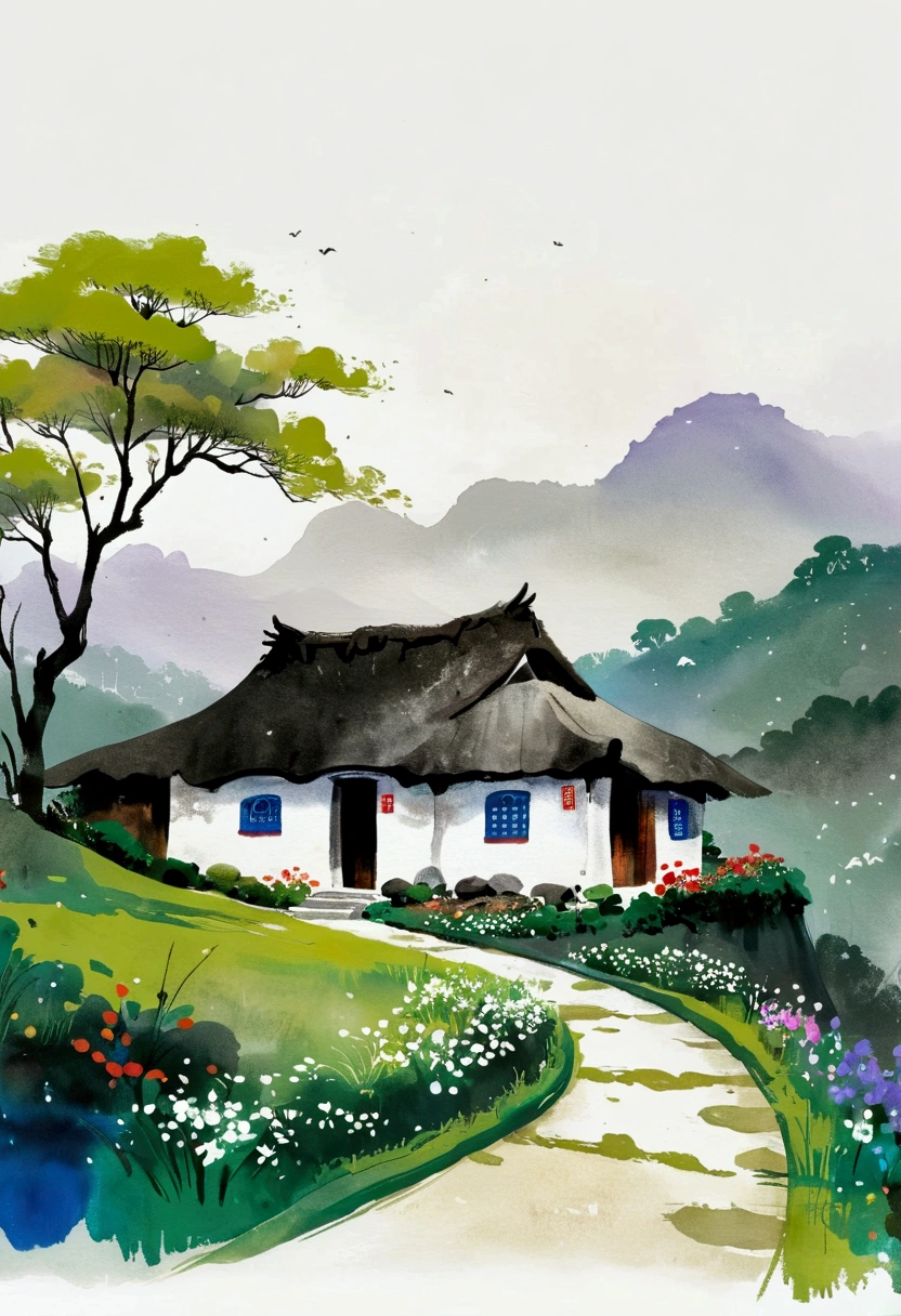 Sky占比2/3.Chinese Ink Painting Sketch：Semi-finished products，Peaceful and Freehand，artistic conception:2.Dot，A thatched cottage on a winding path，Minimalism，White background。(((Negative Space:2,Large area of blank:2, Bottom left corner composition)))。niji6 style