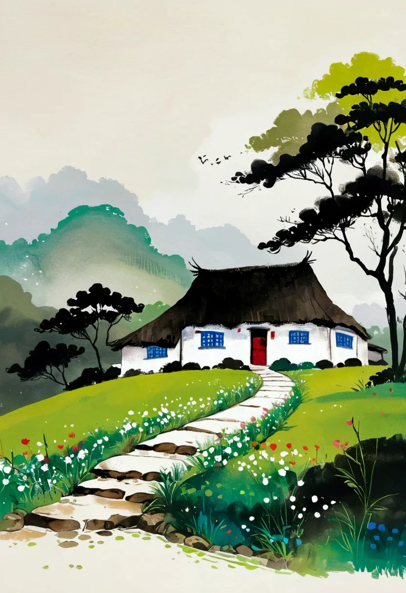 sky占比2/3.chinese ink painting sketch：semi-finished products，peaceful and freehand，artistic conception:2.dot，a thatched cottage o...