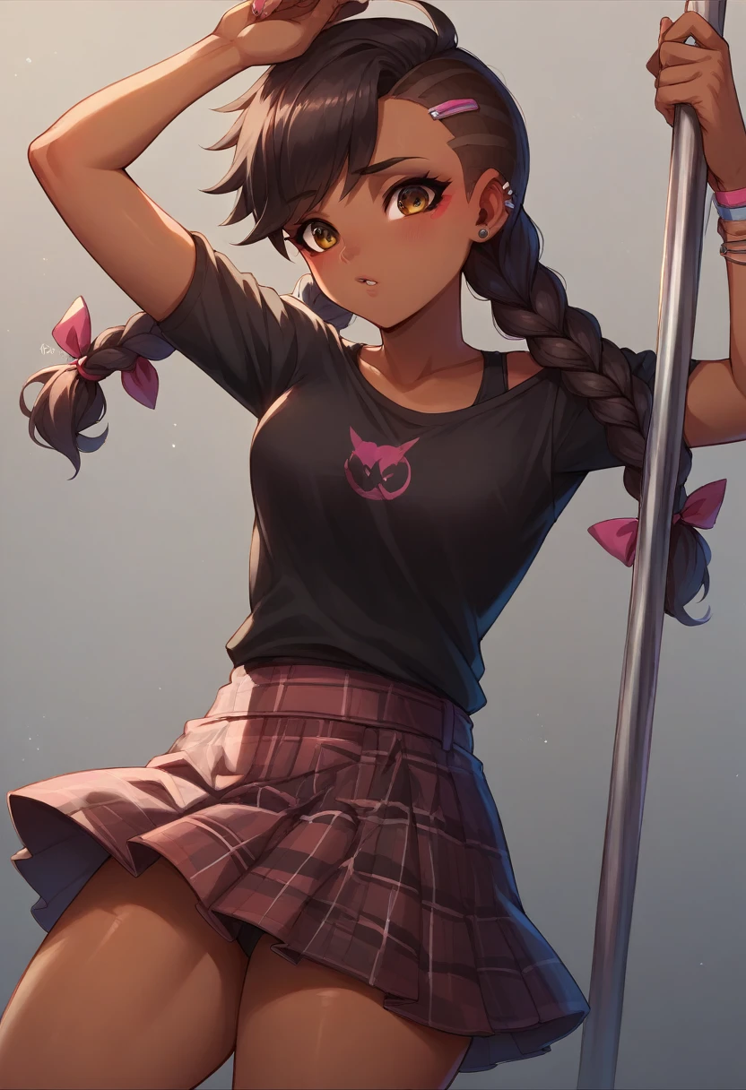 Alejandra (overwatch), latina, loli, loli body, twin braids, dark-skinned female, edgQuality, edgpskirt, a woman in a black top and a plaid skirt, wearing edgpskirt, punk skirt,pole dance 