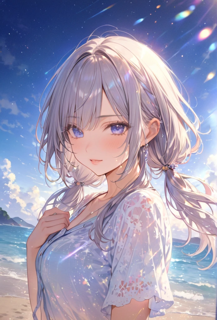 Highest quality　masterpiece　High resolution　masterpieceグレーアイズ　Low Twintails、casual summer outfit　、flowerpunk、Sparkling light particles、Vivid gradient effect