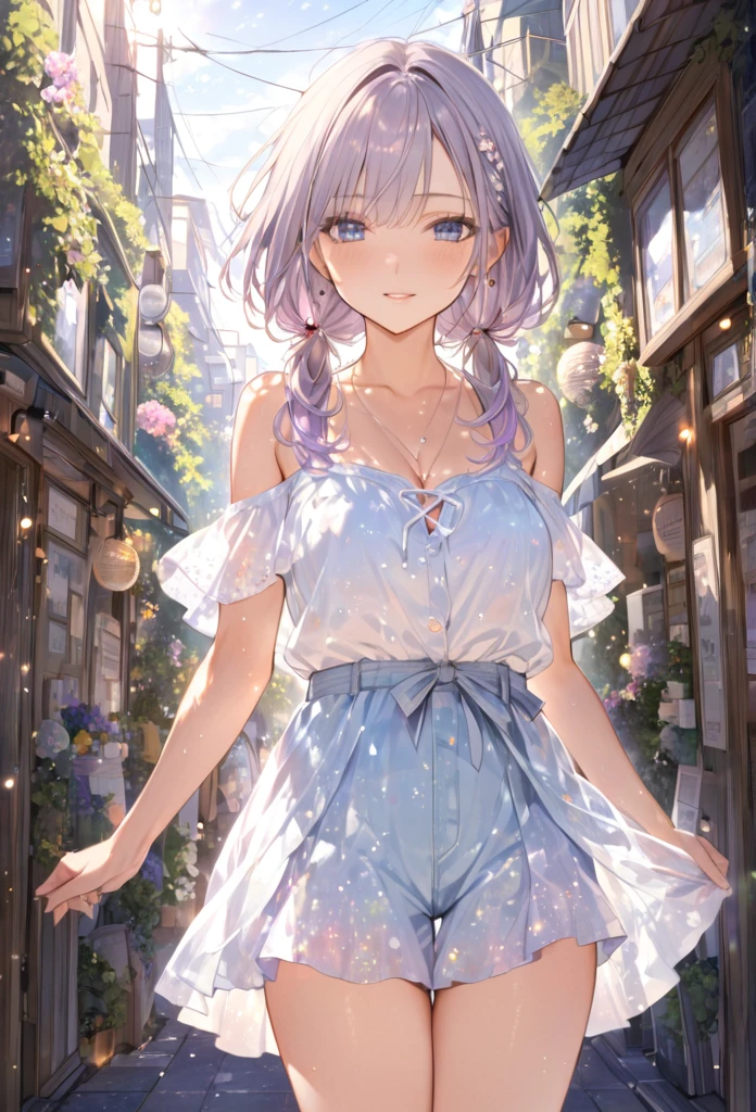 Highest quality　masterpiece　High resolution　masterpieceグレーアイズ　Low Twintails、casual summer outfit　、flowerpunk、Sparkling light particles、Vivid gradient effect