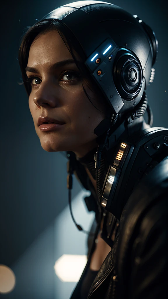 Realistic portrait style, woman,  (cyberpunk:1.2), cinematic film still, lights, noir, modern, , (sleek), Cybernetic,  Luis Royo , (ross tran, Alphonse Mucha's, Erwin Blumenfeld), Albert  Watson 