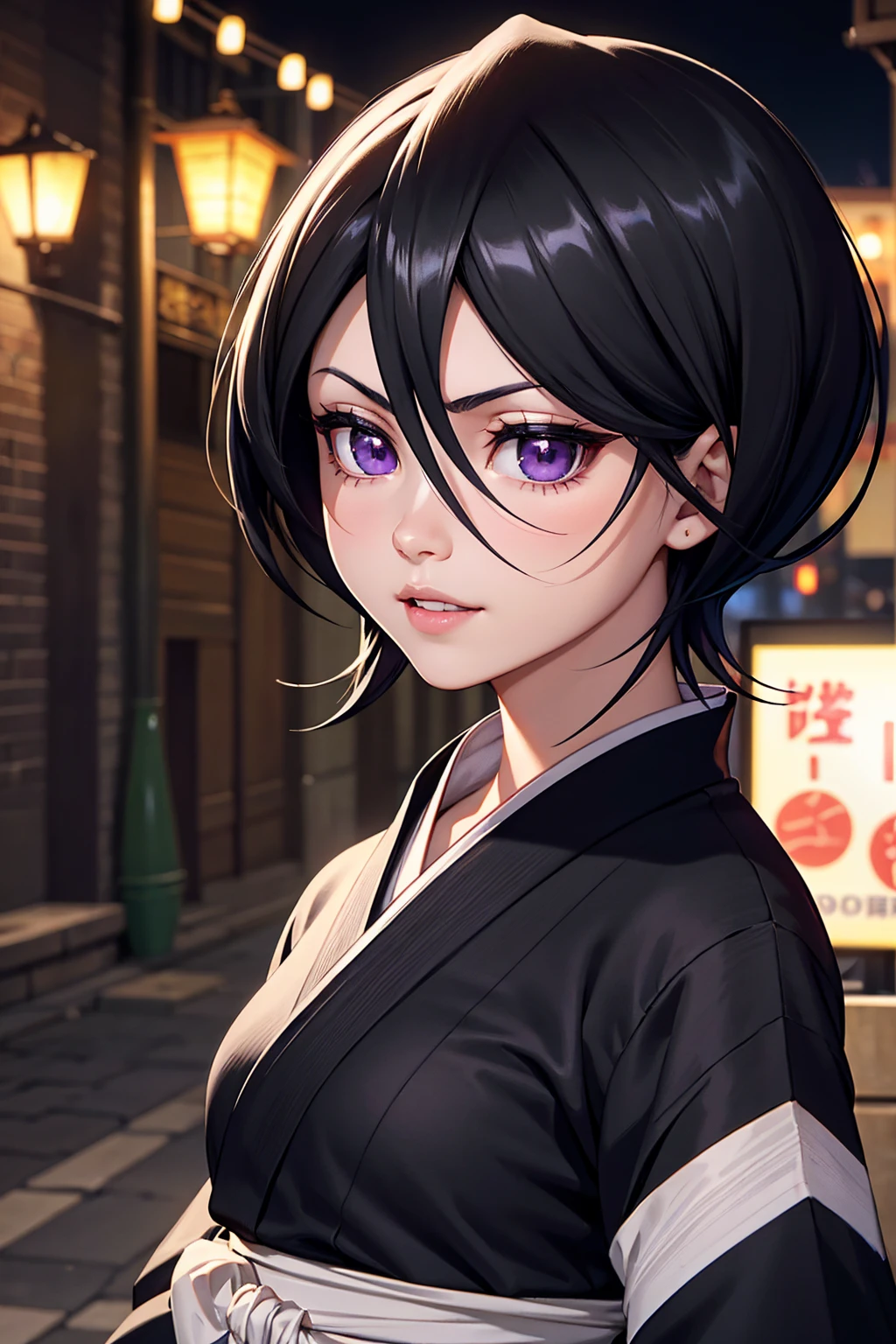 Well done work highly detailed with high resolution, sharp lines and colors perfect lighting detailed face, detailed hair detailed eyes detailed nose detailed lips, a beautiful girl with short black hair, purple eyes with a short smile wearing a black kimono, city at night, Rukia Kuchiki.