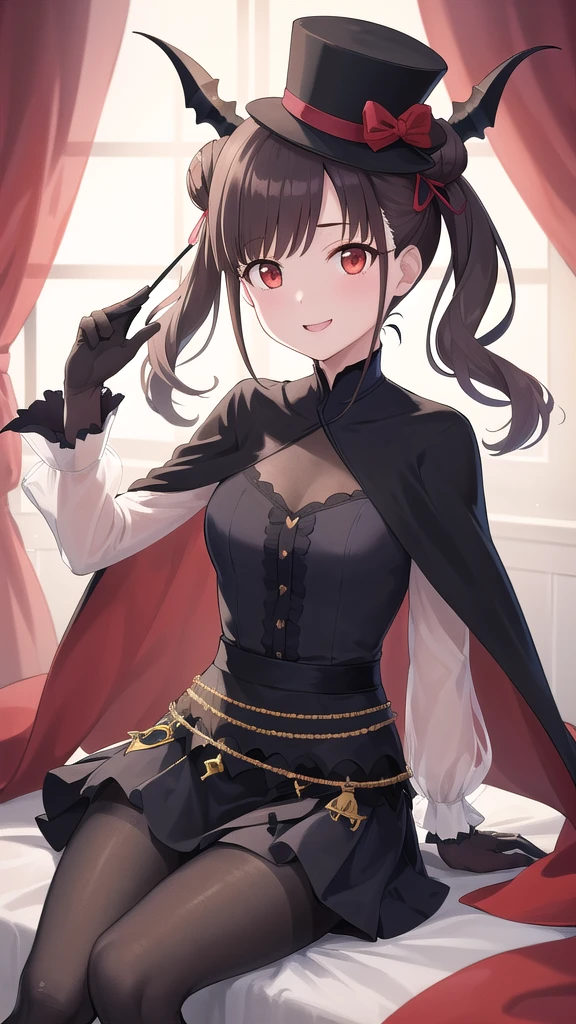 masterpiece, Highest quality, High resolution, Chiyoko, Hair Bun、Double good, Twin tails, Hair Ribbon, evilなsmile: 1.3), 1 Gentle、Cape、See-through sleeves、mask、mask、Top Hat、Grey Skirt、Thigh boots、Black Pantyhose、Long sleeve、smile、((Long black lace gloves、Black Pantyhose、Black veil、evil、Woman fused with a cockroach、Poisonous stinger on her tail、