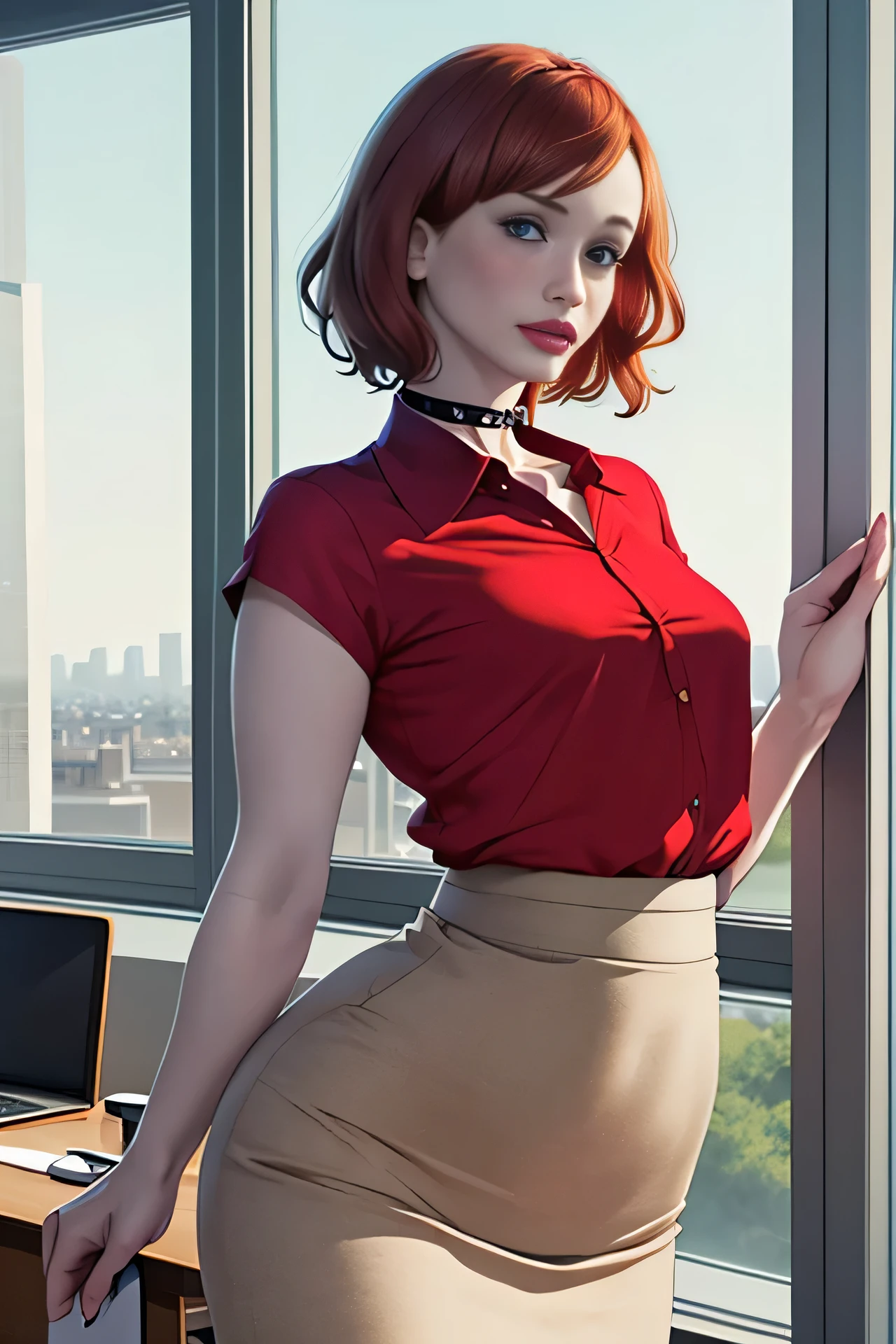 Christina Hendricks, (Christina Hendricks:1.5), masterpiece quality, (masterpiece quality:1.3), detailed, realistic, (realistic:1.3), 1girl, solo, (solo:1.9), alone, in a 1960s office, office desks in background, window of cityscape in background, short hair, wearing choker collar, secretary, wearing a red blouse, (red blouse:1.5), wearing a beige skirt, (beige skirt:1.5), thin body, small breasts, (small breasts:1.5),