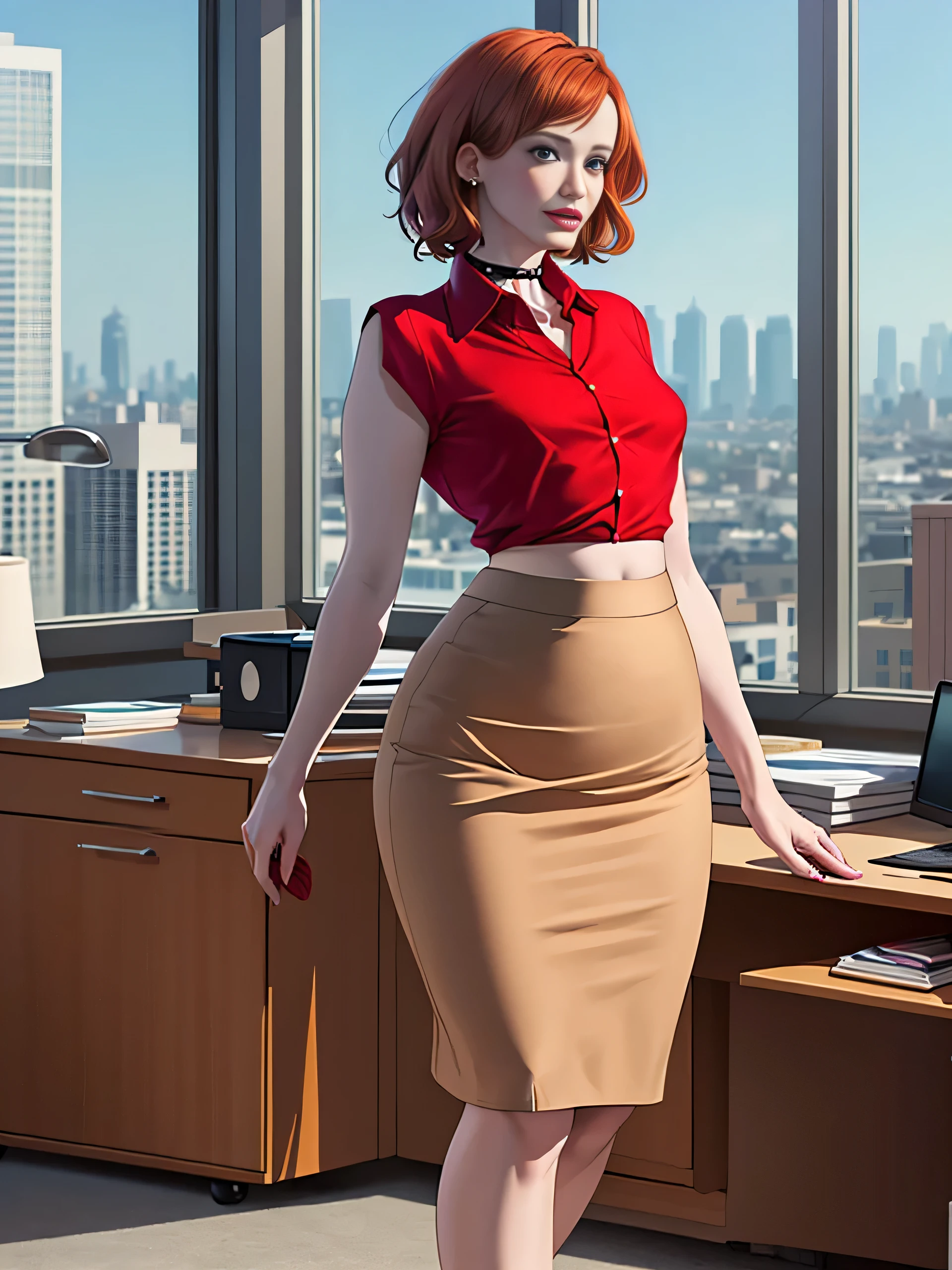 Christina Hendricks, (Christina Hendricks:1.5), masterpiece quality, (masterpiece quality:1.3), detailed, realistic, (realistic:1.3), 1girl, solo, (solo:1.9), alone, in a 1960s office, office desks in background, window of cityscape in background, short hair, wearing choker collar, secretary, wearing a red blouse, (red blouse:1.9), wearing a beige skirt, (beige skirt:1.9), thin body, small breasts, (small breasts:1.5),