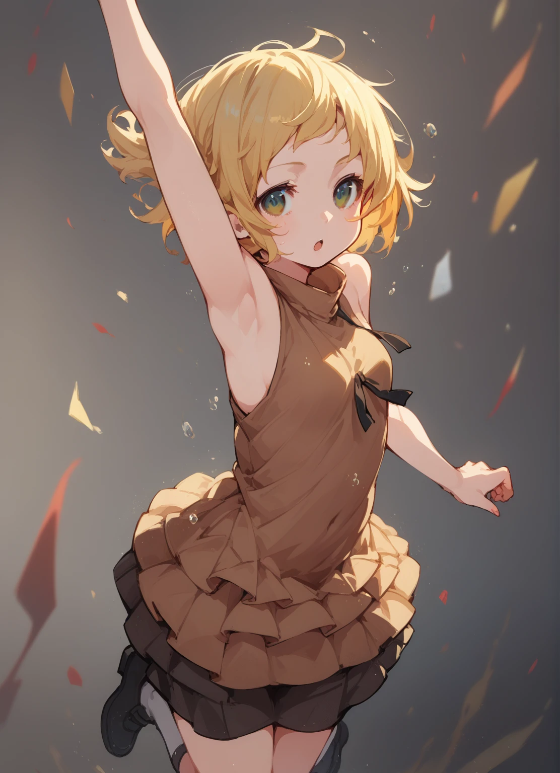 Anime Girls in brown dress jumping in the air with her arms outstretched, change in dress, splash art anime change, Kagamine Rin, everyone, guweiz on pixiv artstation, change, Female protagonist 👀 :8, Guweiz on ArtStation Pixiv, Anime Moe Art Style, Zerochan Art, (Anime Girls)