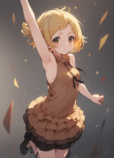 anime girls in brown dress jumping in the air with her arms outstretched, change in dress, splash art anime change, kagamine rin...