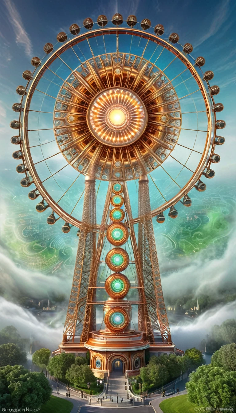 fusion of kaleidoscope, magic circle and Ferris wheel, four towers of copper-plated coils arranged on all four sides, shading effects, gradation magic effects, foggy filter effects, glitter effects, (ultra detailed, absolutely resolution, best quality:1.3), 2.5D, delicate and dynamic, artistic photography, hyper realistic, graphic CG digital fantasy art