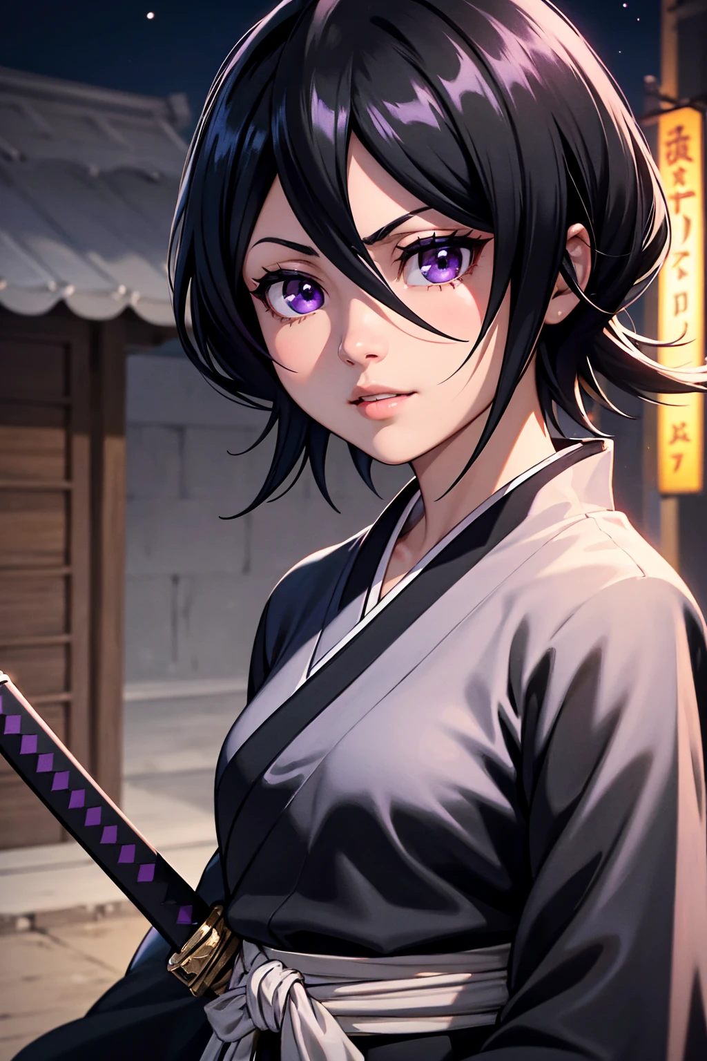 Well done work highly detailed with high resolution, sharp lines and colors perfect lighting detailed face, detailed hair detailed eyes detailed nose detailed lips, a beautiful girl with short black hair, purple eyes with a short smile wearing a black kimono wielding a sword, city at night, Rukia Kuchiki.