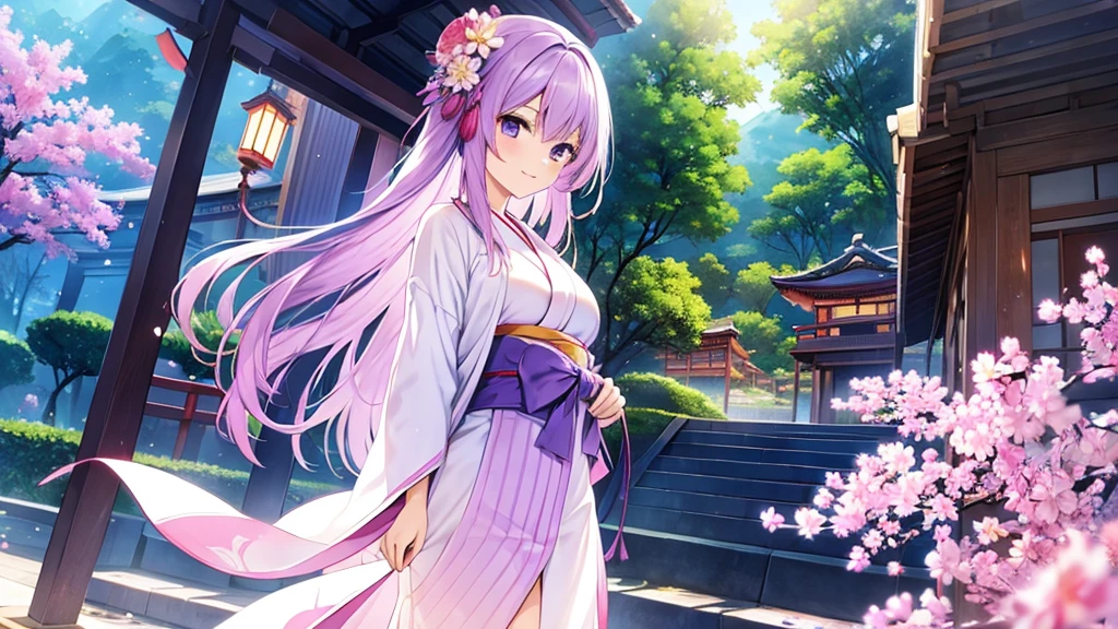 woman　clear　Light purple hair　　kimono　　　Anime Style　　　　Japanese-style garden
