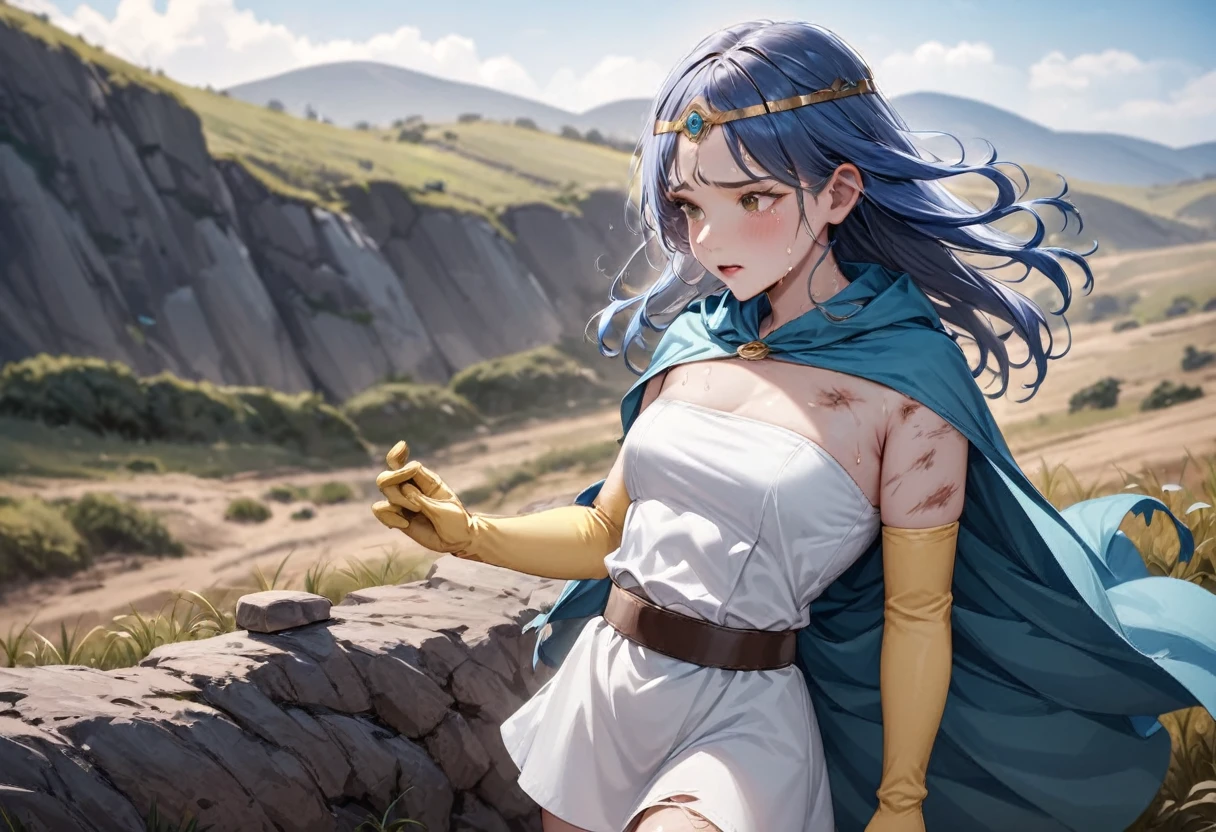 (Highest quality), (masterpiece), (DQ Sage), 短めのBlue Hair, , Sage Circlet, Forehead Jewelry, bangs, [Aqua Cape], White Dress, Strapless, belt, Elbow hand pockets, Yellow gloves, Yellow Boots、beautiful, Absurd, High resolution, All details, Realistic, One girl, (Both sides up), Shortcuts, Blue Hair, (Miniskirt tube top dress:1.２), （Overflowing big:1.４）,  [White panties], (Skin damage, Scarred skin, Bleeding skin, Torn clothes:1.1), , Browsing Caution, Lie in, behind, arched back, (Close one eye, tears), Haa, blush, Sweat, (Outdoor, hill), spark, shock wave, Stone fragments, Cinema Lighting, Diffraction Spikes,