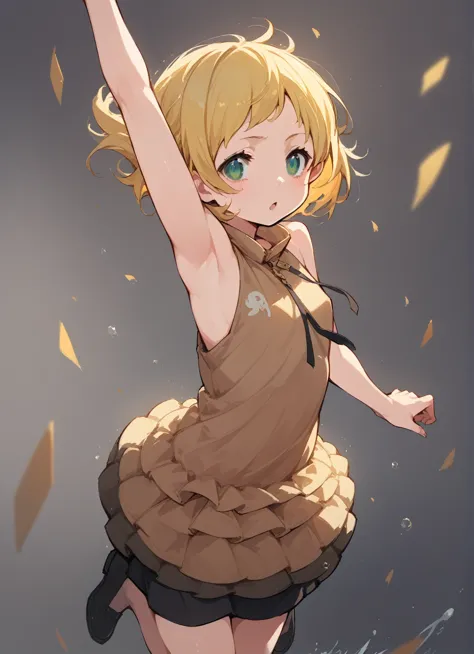 flat chest,ミニスカートanime girls in brown dress jumping in the air with her arms outstretched, change in dress, splash art anime cha...