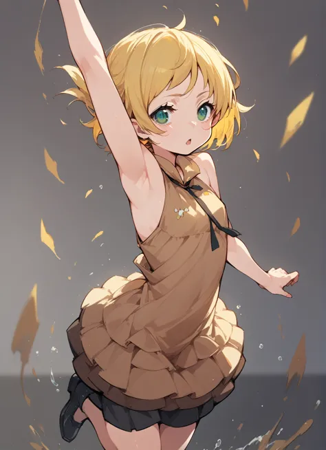 flat chest,ミニスカートanime girls in brown dress jumping in the air with her arms outstretched, change in dress, splash art anime cha...