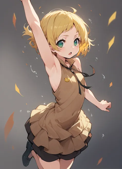 flat chest,ミニスカートanime girls in brown dress jumping in the air with her arms outstretched, change in dress, splash art anime cha...