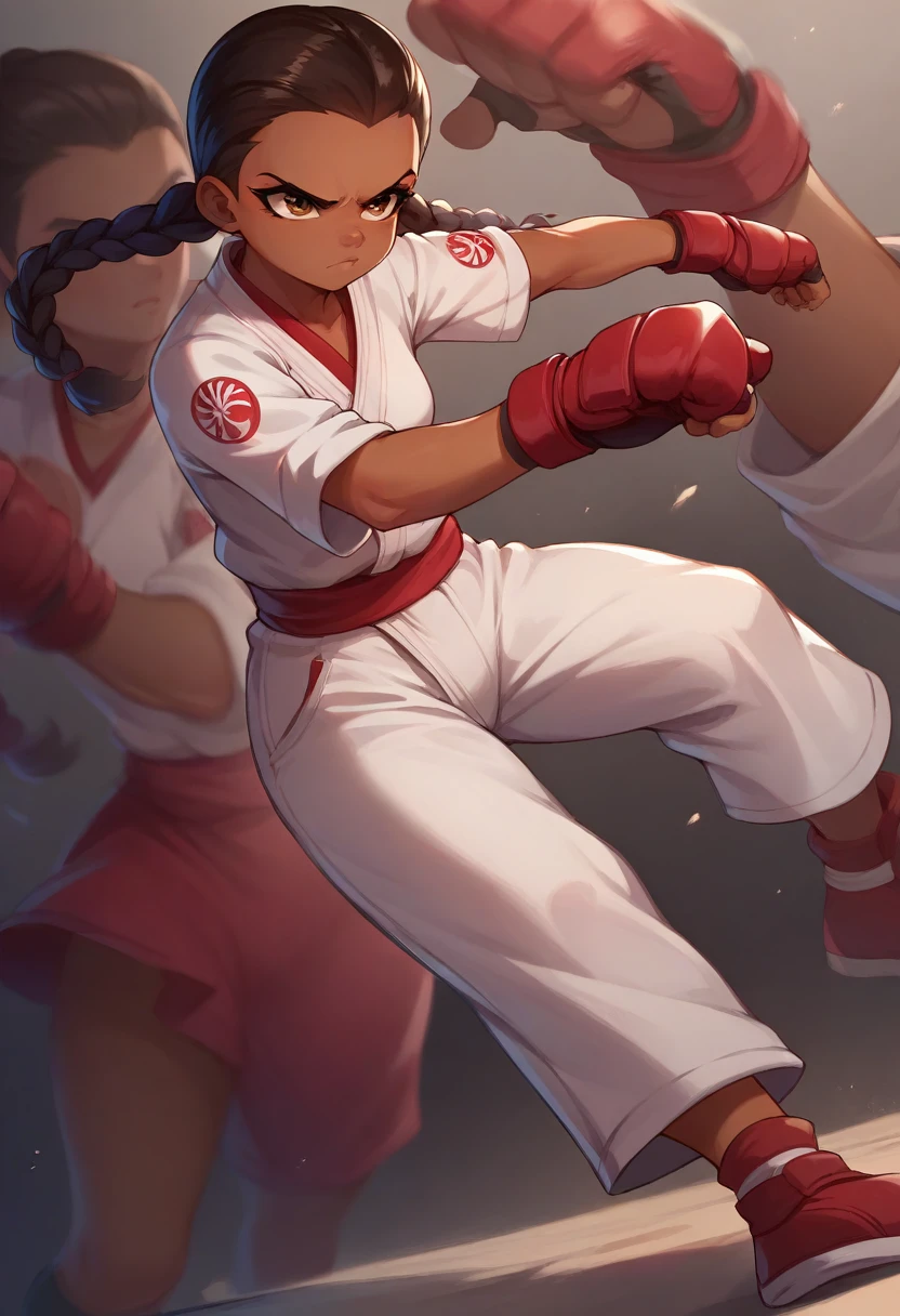 Alejandra (overwatch), latina, loli, loli body, twin braids, dark skinned woman, karate uniform, fighting pose, serious look