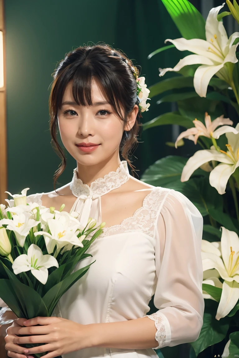 Medium Size Display, Medium Shot, Written boundary depth, bust, Upper Body, Movie angle, masterpiece, Highest quality, Very detailed, CG, 8k wallpaper, Beautiful Face, Delicate eyes, Otome, alone, smile, bangs, skirt, Formal blouse, Bouquet of lilies