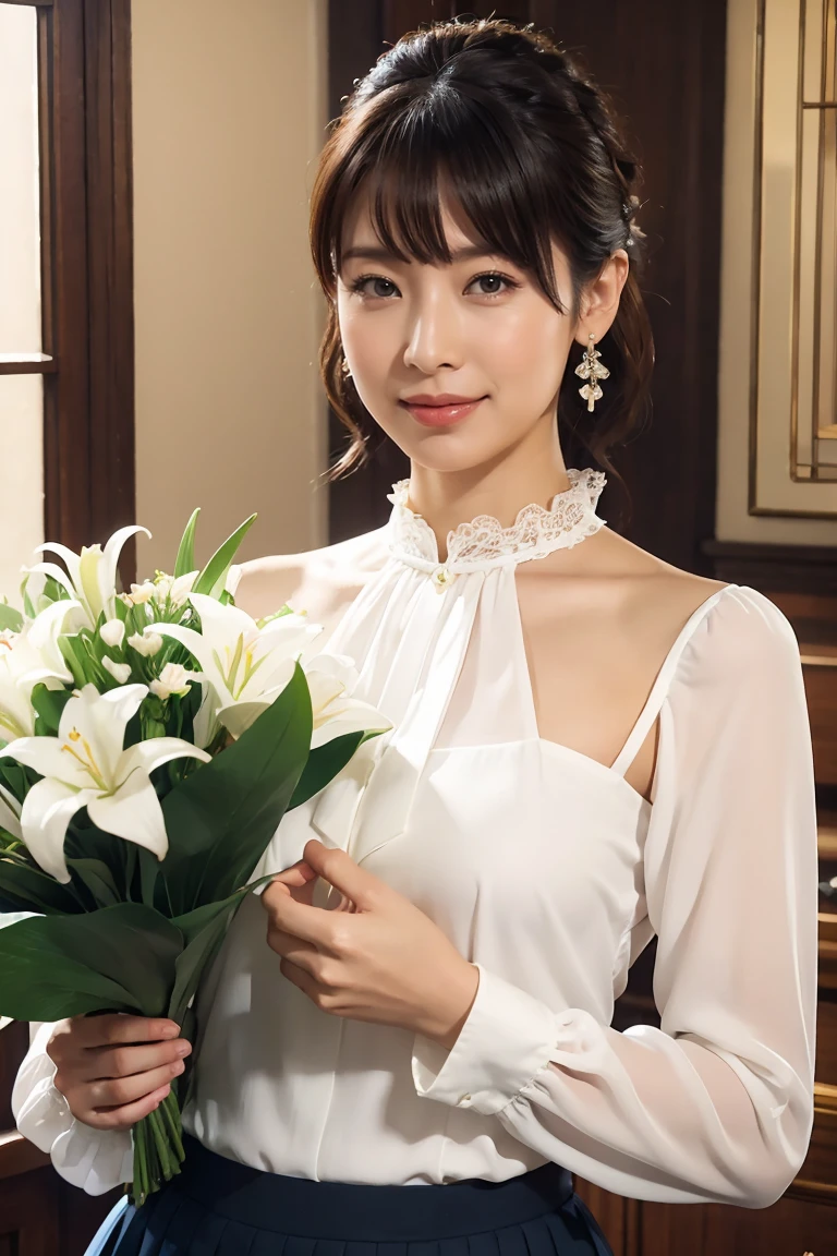 Medium Size Display, Medium Shot, Written boundary depth, bust, Upper Body, Movie angle, masterpiece, Highest quality, Very detailed, CG, 8k wallpaper, Beautiful Face, Delicate eyes, Otome, alone, smile, bangs, skirt, Formal blouse, Bouquet of lilies