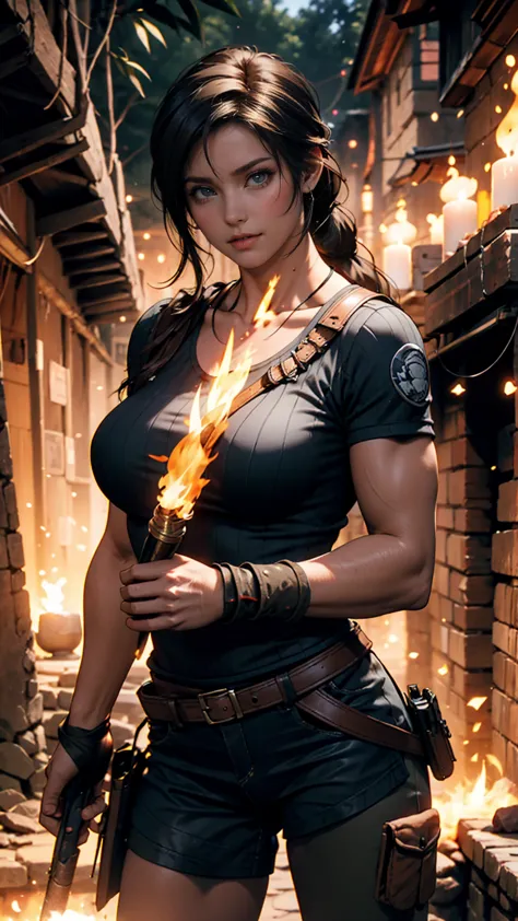 tomb radar、lara croft、ancient ruins、cave、dark、hold up a lit torch to light the way ahead、pistol(colt government)hold