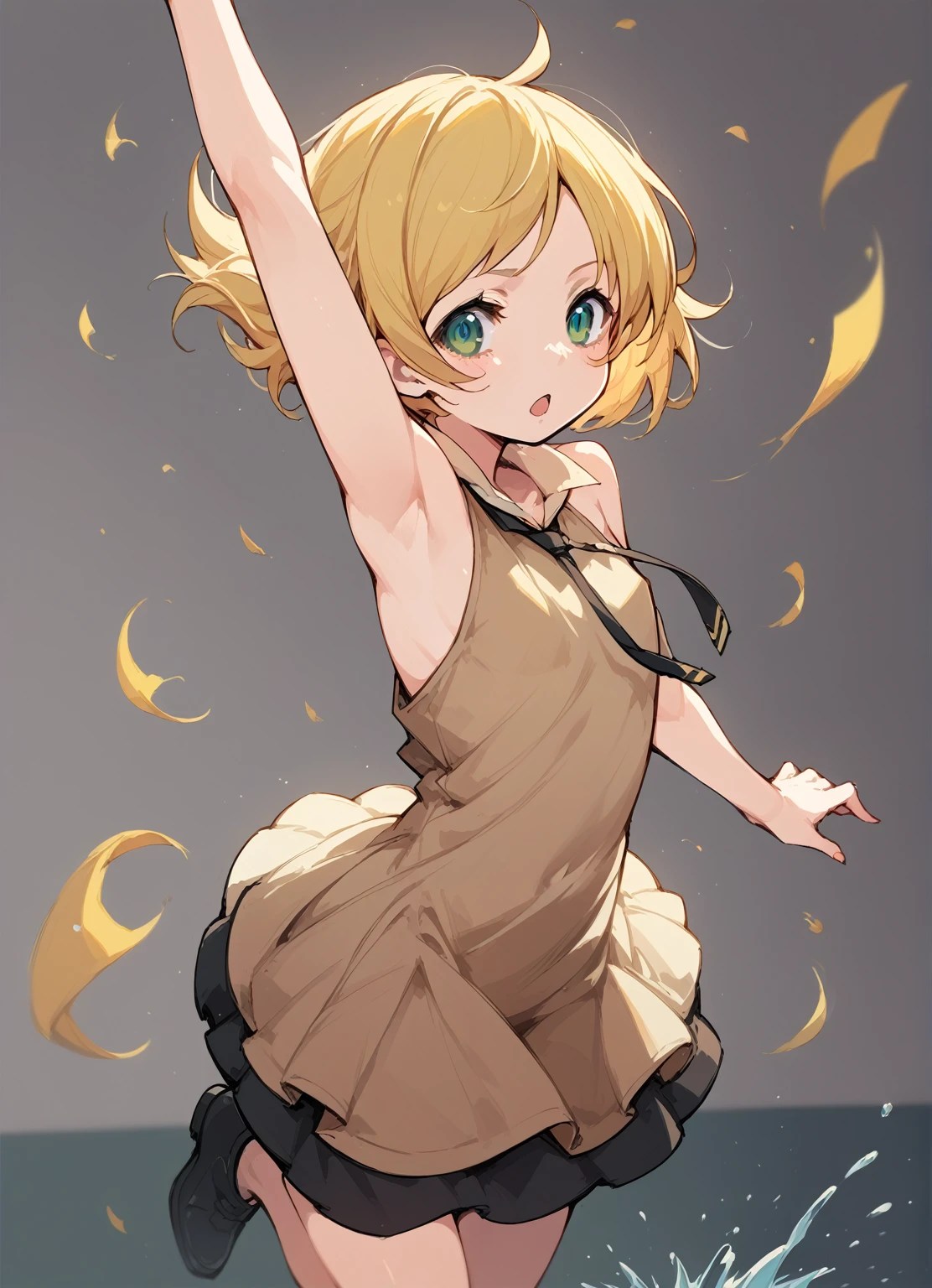 Thigh,Flat Chest,ミニスカートAnime Girls in brown dress jumping in the air with her arms outstretched, change in dress, splash art anime change, Kagamine Rin, everyone, guweiz on pixiv artstation, change, Female protagonist 👀 :8, Guweiz on ArtStation Pixiv, Anime Moe Art Style, Zerochan Art, (Anime Girls)