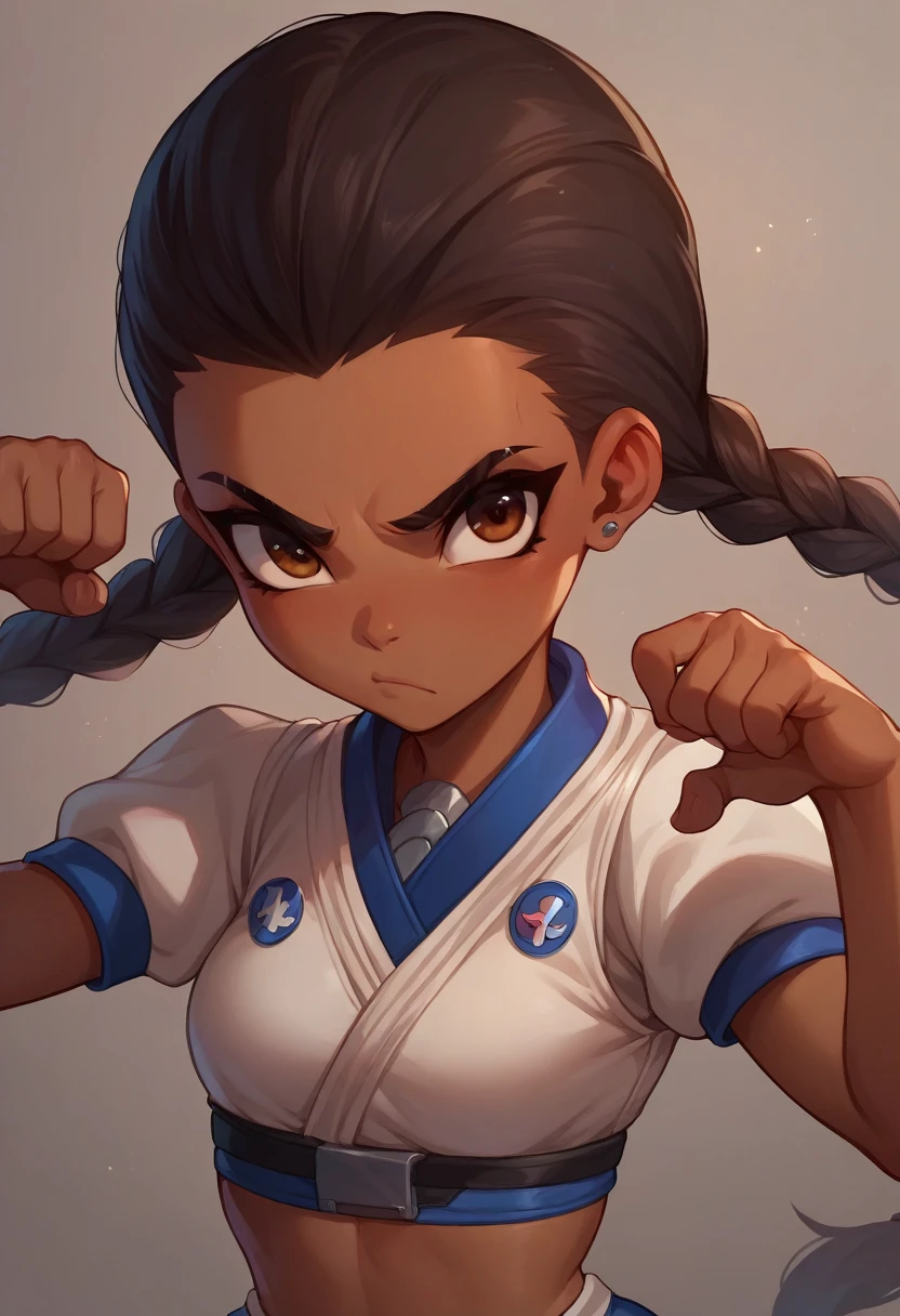 Alejandra (overwatch), latina, loli, loli body, twin braids, dark skinned woman, muay Thai uniform, muay thai pose, serious look